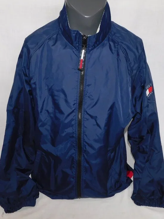 VTG 90s Y2K Tommy Jeans Hilfiger mens L Full Zip Blue Windbreaker Jacket - Picture 4 of 16